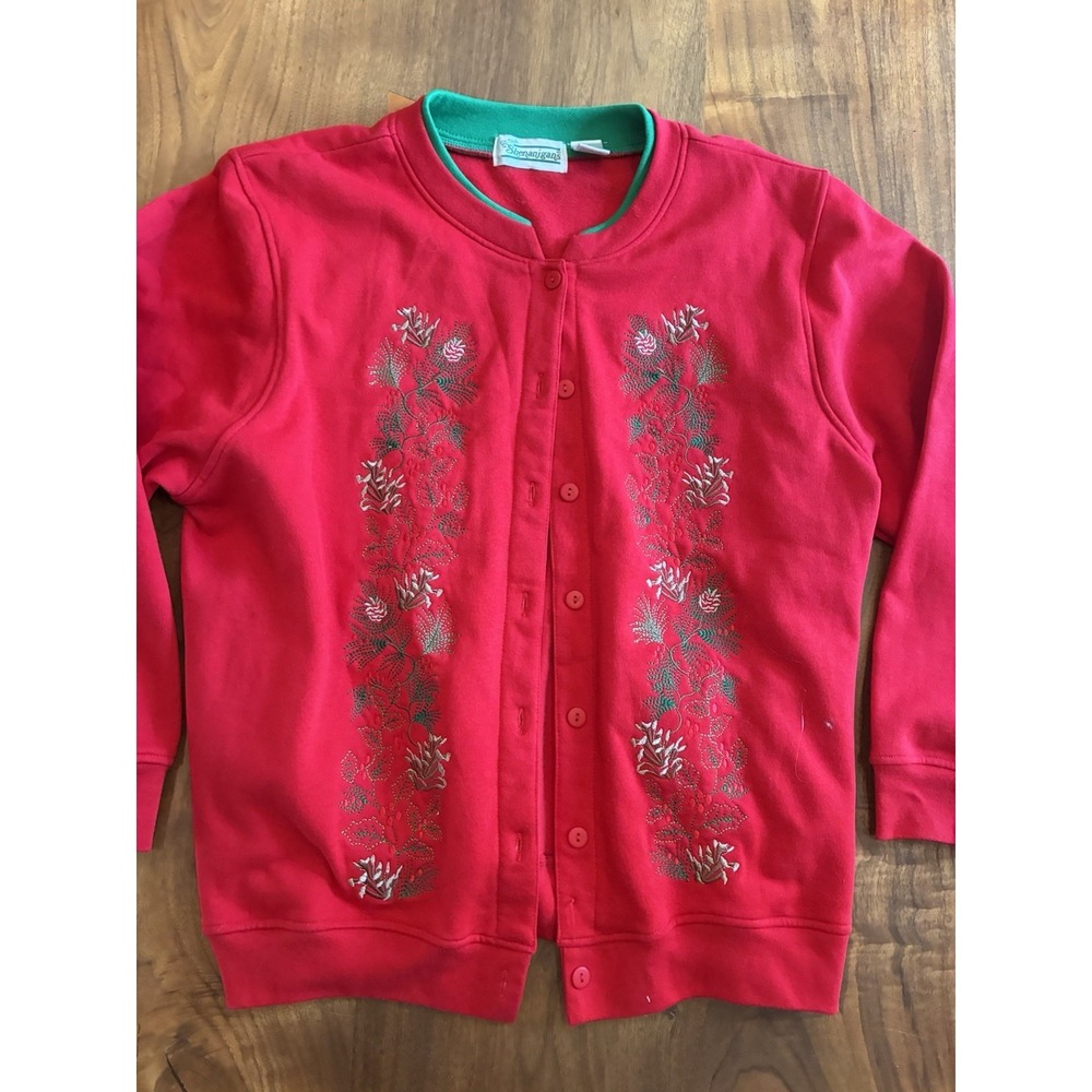 Vintage Christmas Sweatshirt Womens 1X Red Button Up Holly Grandma